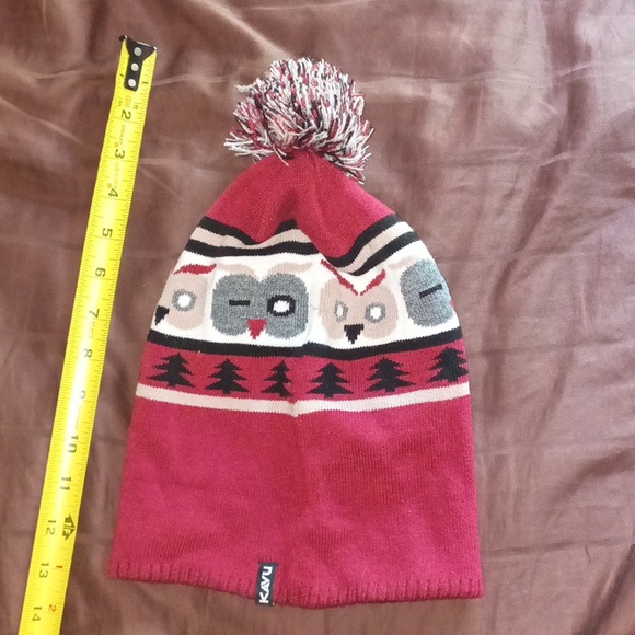 Kavu Pom Pom Beanie - Red White Grey Tan Black w Owls - Picture 2 of 4